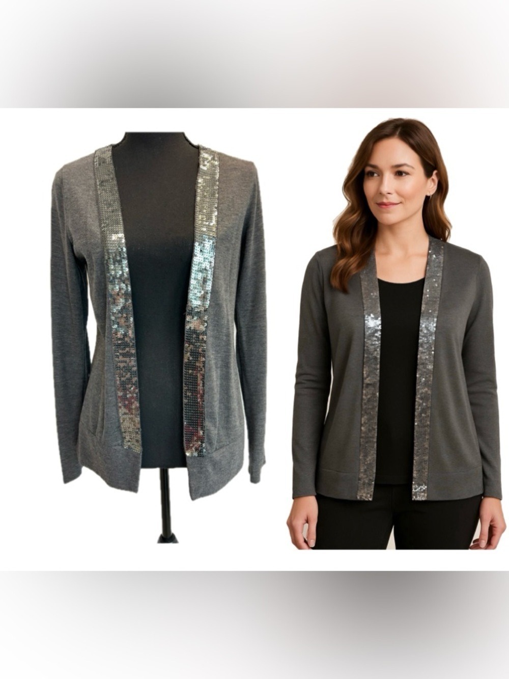 Gray Open-Front Sweater Cardigan with Sequin Trim